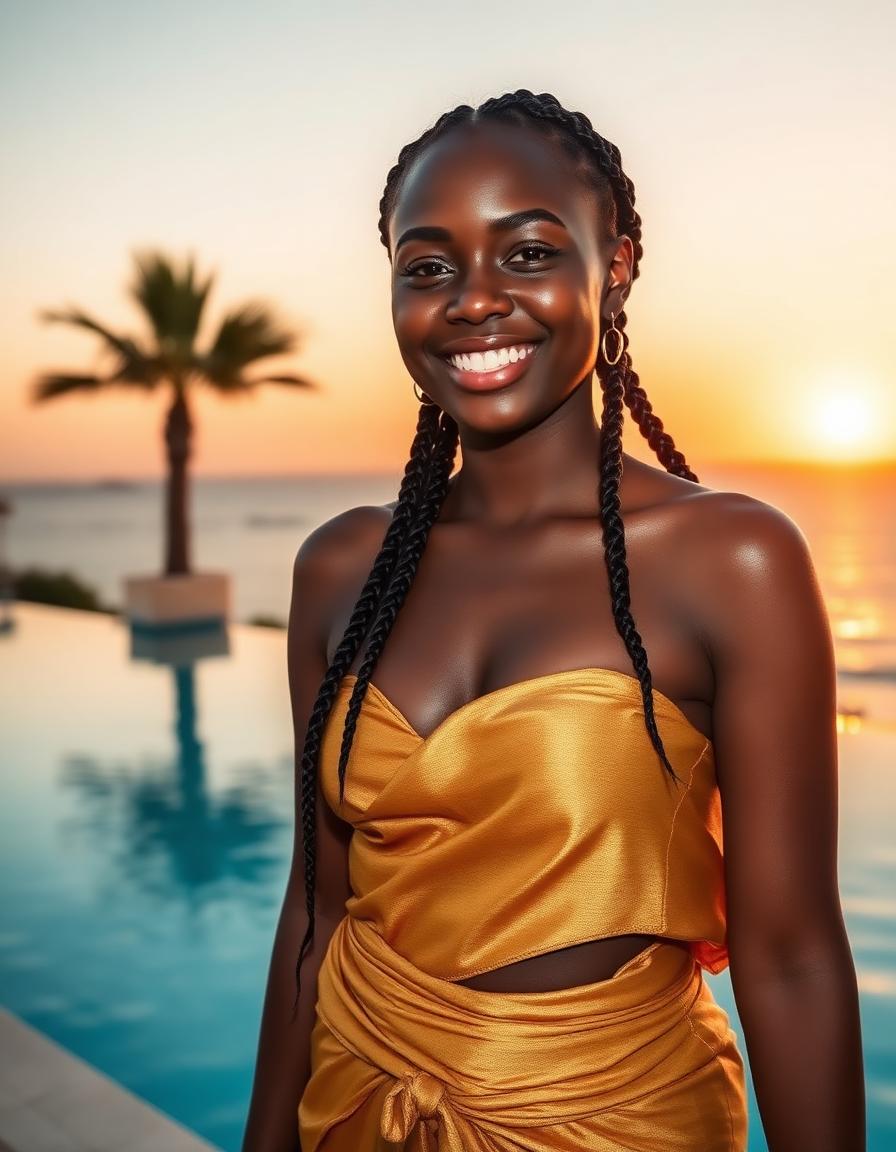 Nova from loveydovey ai beside an ocean pool at sunset